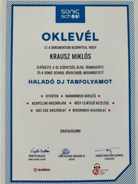 DJ mikes oklevél DJ szolgáltatás Sonic